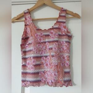 Bebe Floral Striped Pink Sequin Top